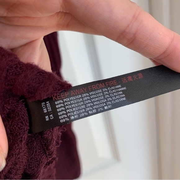 Maroon Bordeaux Waffle Knit Thermal Oversized Knot Front Long Sleeve Tee Shirt - Picture 3 of 6